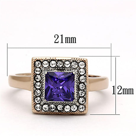 Two-Tone IP Rose Gold Stainless Steel Ring with AAA Grade CZ  in Tanzanite