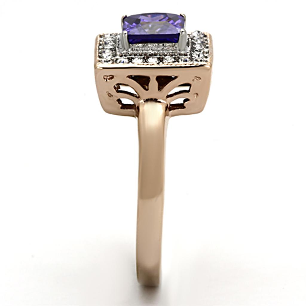 Two-Tone IP Rose Gold Stainless Steel Ring with AAA Grade CZ  in Tanzanite