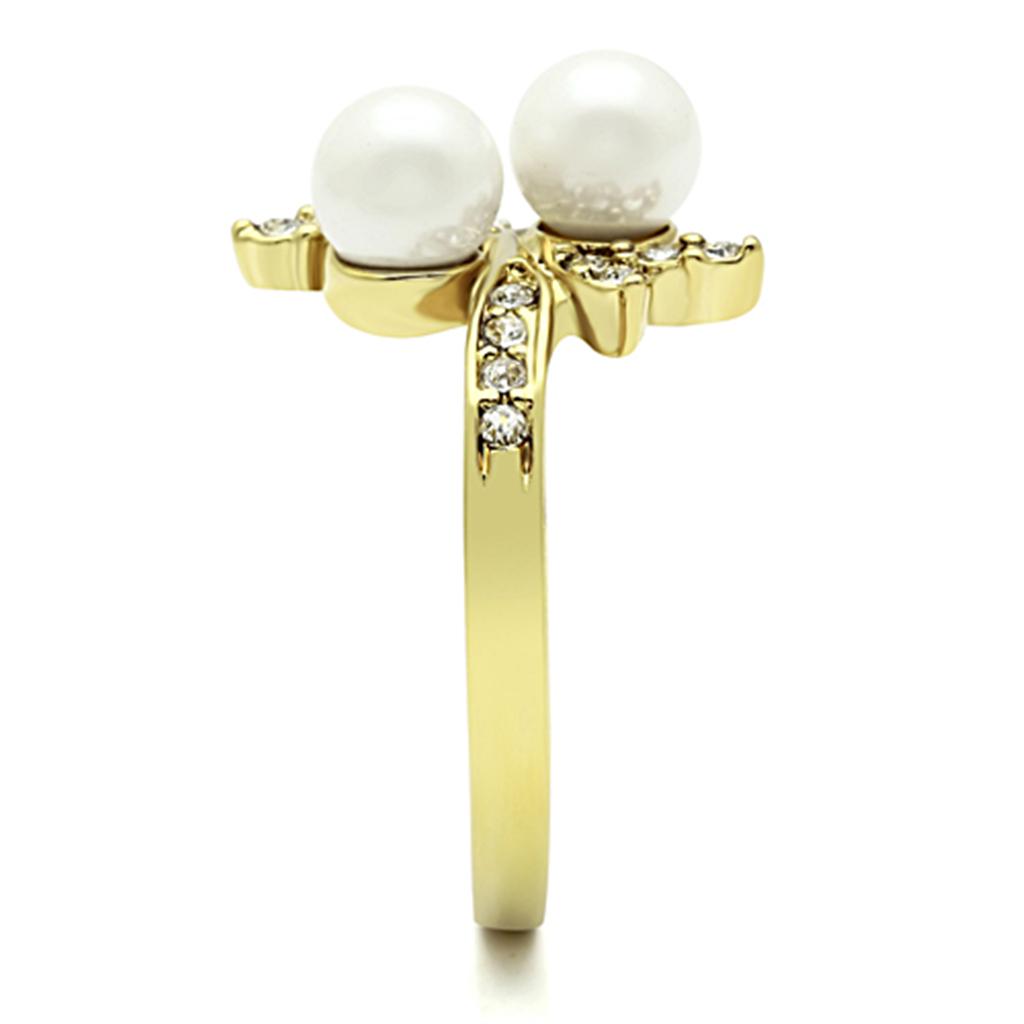 IP Gold(Ion Plating) Stainless Steel Ring with Synthetic Pearl in White