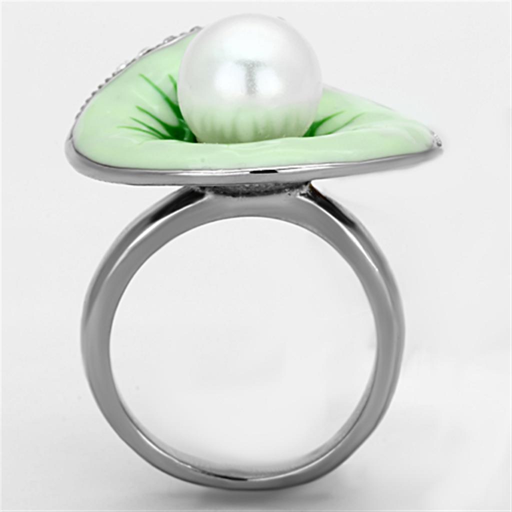 High polished (no plating) Stainless Steel Ring with Synthetic Pearl in White