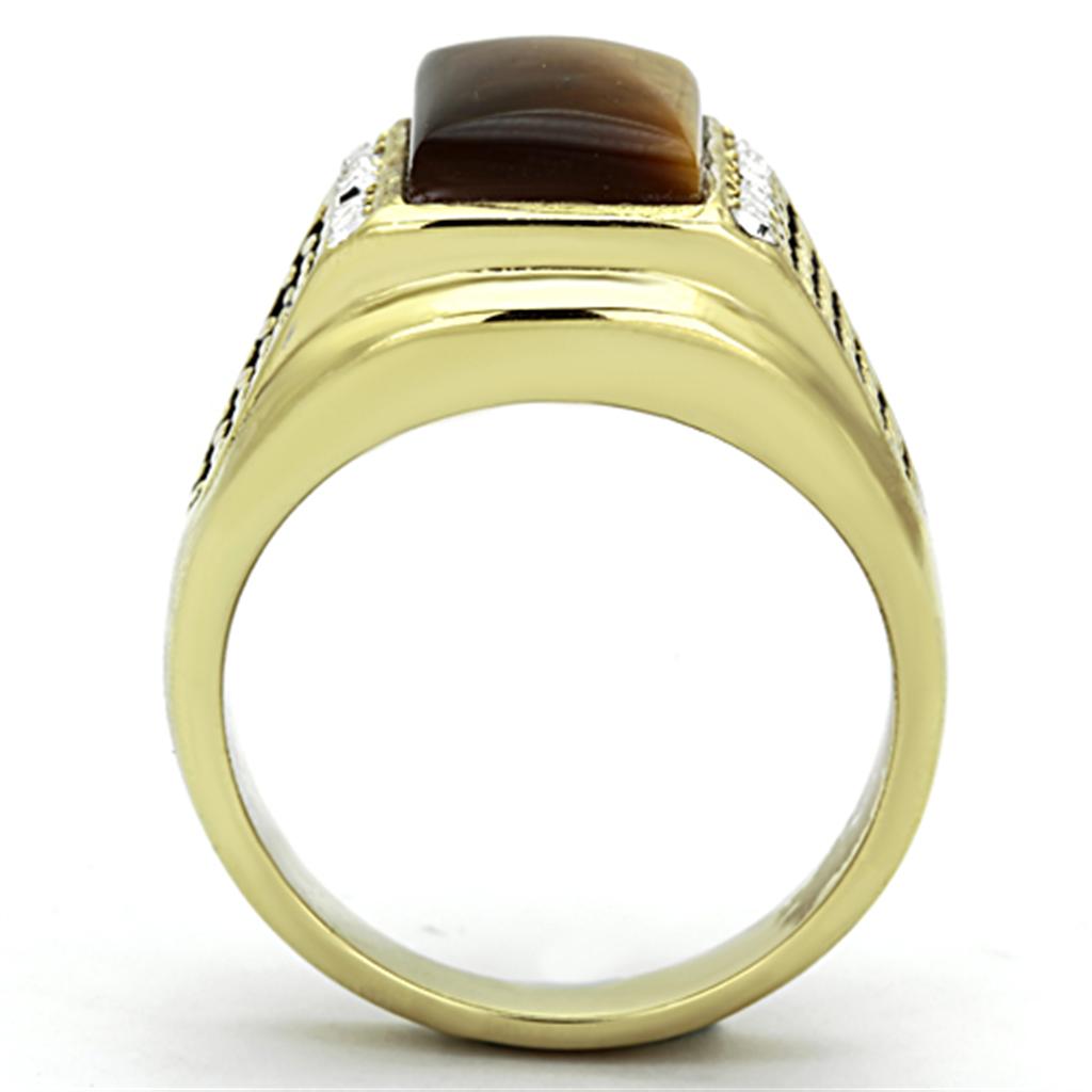 IP Gold(Ion Plating) Stainless Steel Ring with Synthetic Tiger Eye in Topaz