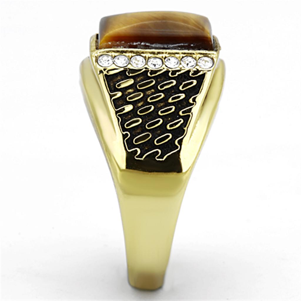 IP Gold(Ion Plating) Stainless Steel Ring with Synthetic Tiger Eye in Topaz