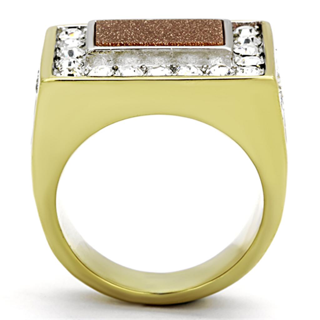 Two-Tone IP Gold (Ion Plating) Stainless Steel Ring with Synthetic Twinkling in Topaz