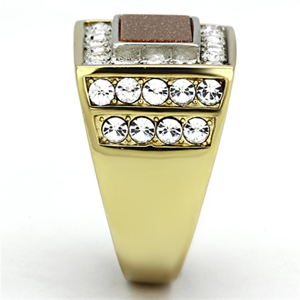 Two-Tone IP Gold (Ion Plating) Stainless Steel Ring with Synthetic Twinkling in Topaz