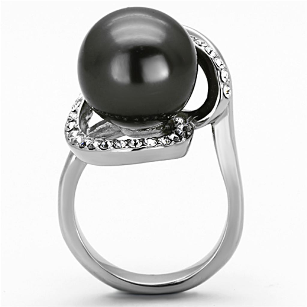 High polished (no plating) Stainless Steel Ring with Synthetic Pearl in Gray