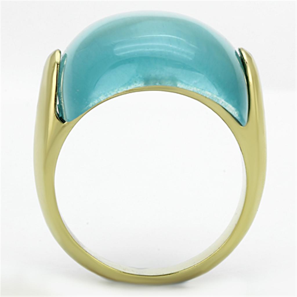 IP Gold(Ion Plating) Stainless Steel Ring with Synthetic Cat Eye in Sea Blue