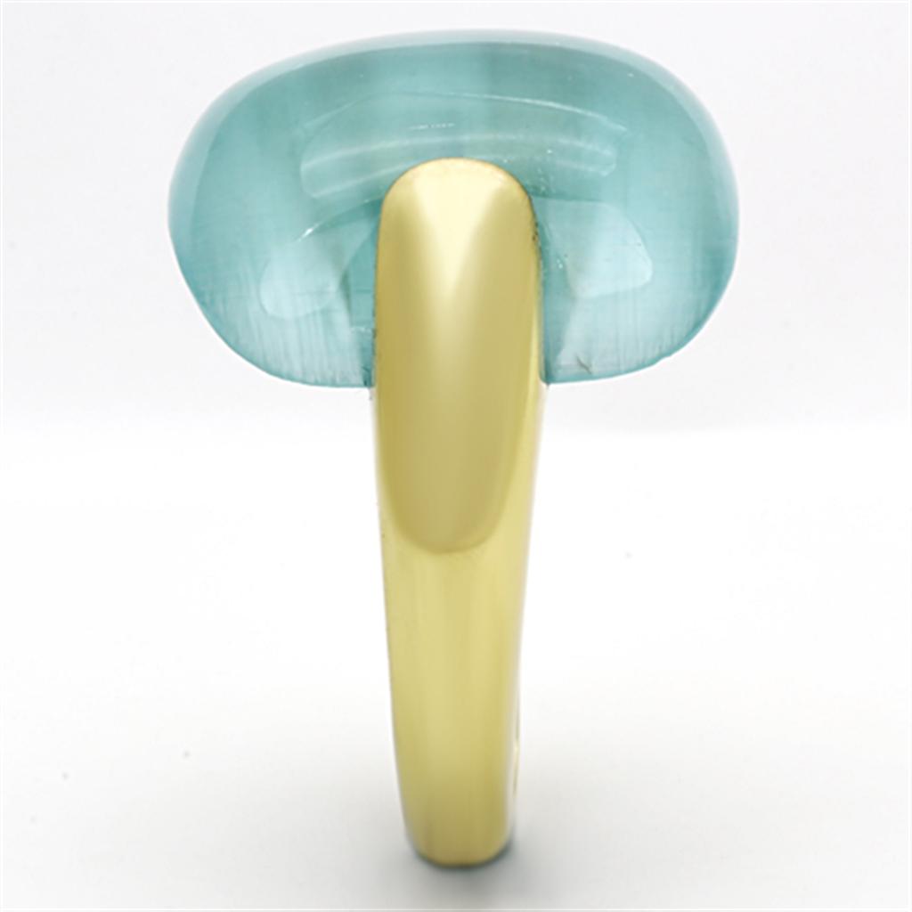 IP Gold(Ion Plating) Stainless Steel Ring with Synthetic Cat Eye in Sea Blue