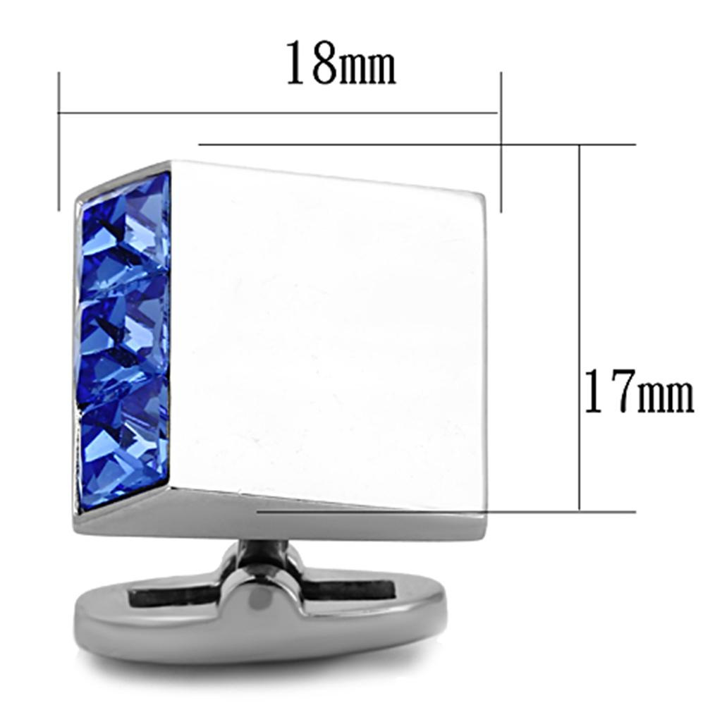 High polished (no plating) Stainless Steel Cufflink with Top Grade Crystal  in Sapphire