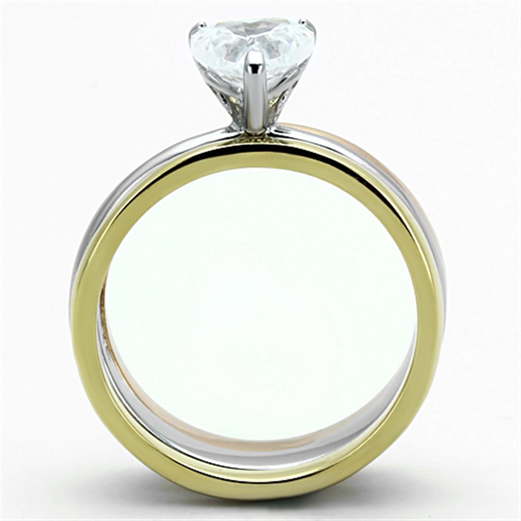 Three Tone (IP Gold & IP Rose Gold & High Polished) Stainless Steel Ring with AAA Grade CZ  in Clear