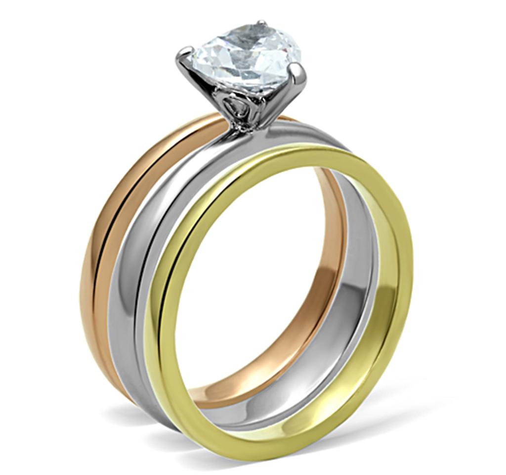 Three Tone (IP Gold & IP Rose Gold & High Polished) Stainless Steel Ring with AAA Grade CZ  in Clear