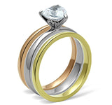 Three Tone (IP Gold & IP Rose Gold & High Polished) Stainless Steel Ring with AAA Grade CZ  in Clear