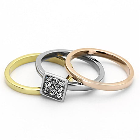 Three Tone (IP Gold & IP Rose Gold & High Polished) Stainless Steel Ring with Top Grade Crystal  in Clear