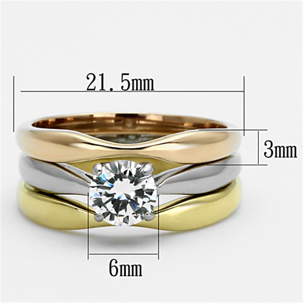 Three Tone (IP Gold & IP Rose Gold & High Polished) Stainless Steel Ring with AAA Grade CZ  in Clear