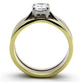 Three Tone (IP Gold & IP Rose Gold & High Polished) Stainless Steel Ring with AAA Grade CZ  in Clear