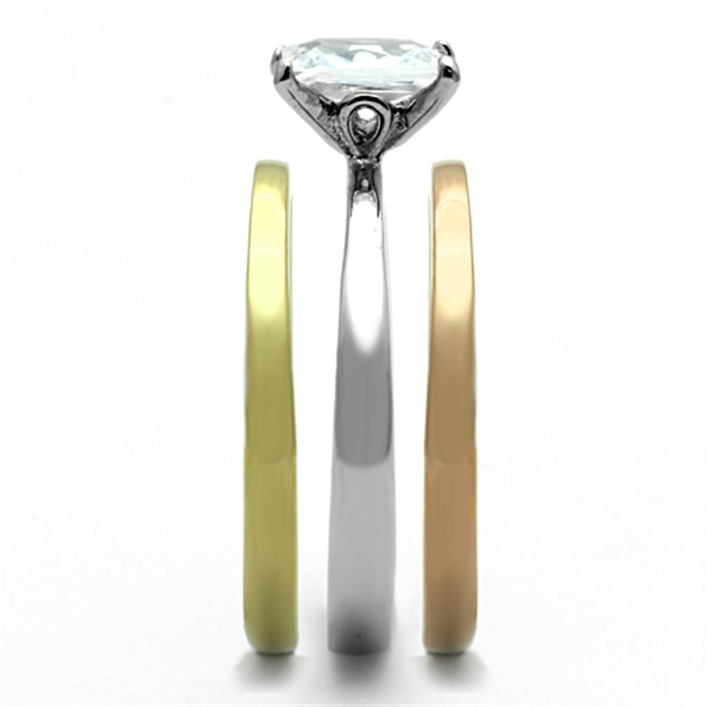 Three Tone (IP Gold & IP Rose Gold & High Polished) Stainless Steel Ring with AAA Grade CZ  in Clear