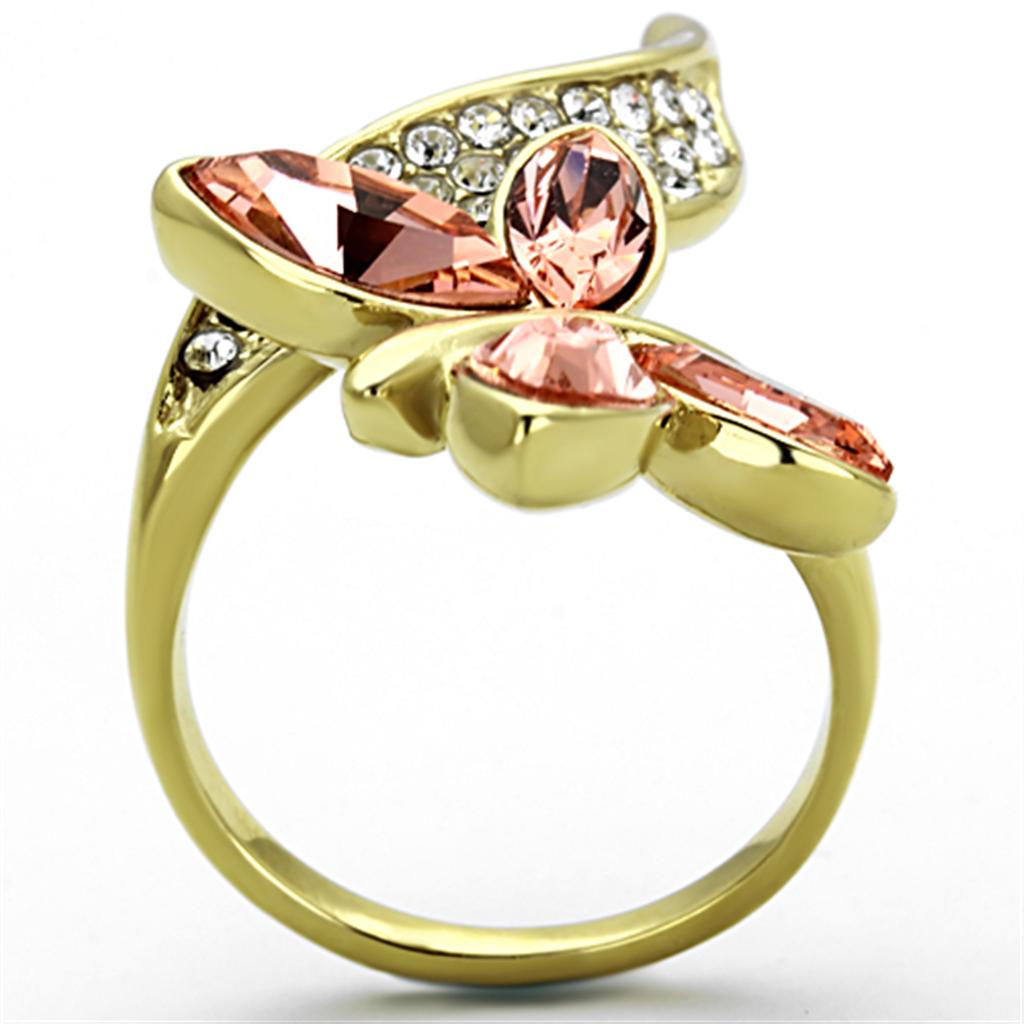 IP Gold(Ion Plating) Stainless Steel Ring with Top Grade Crystal  in Light Peach