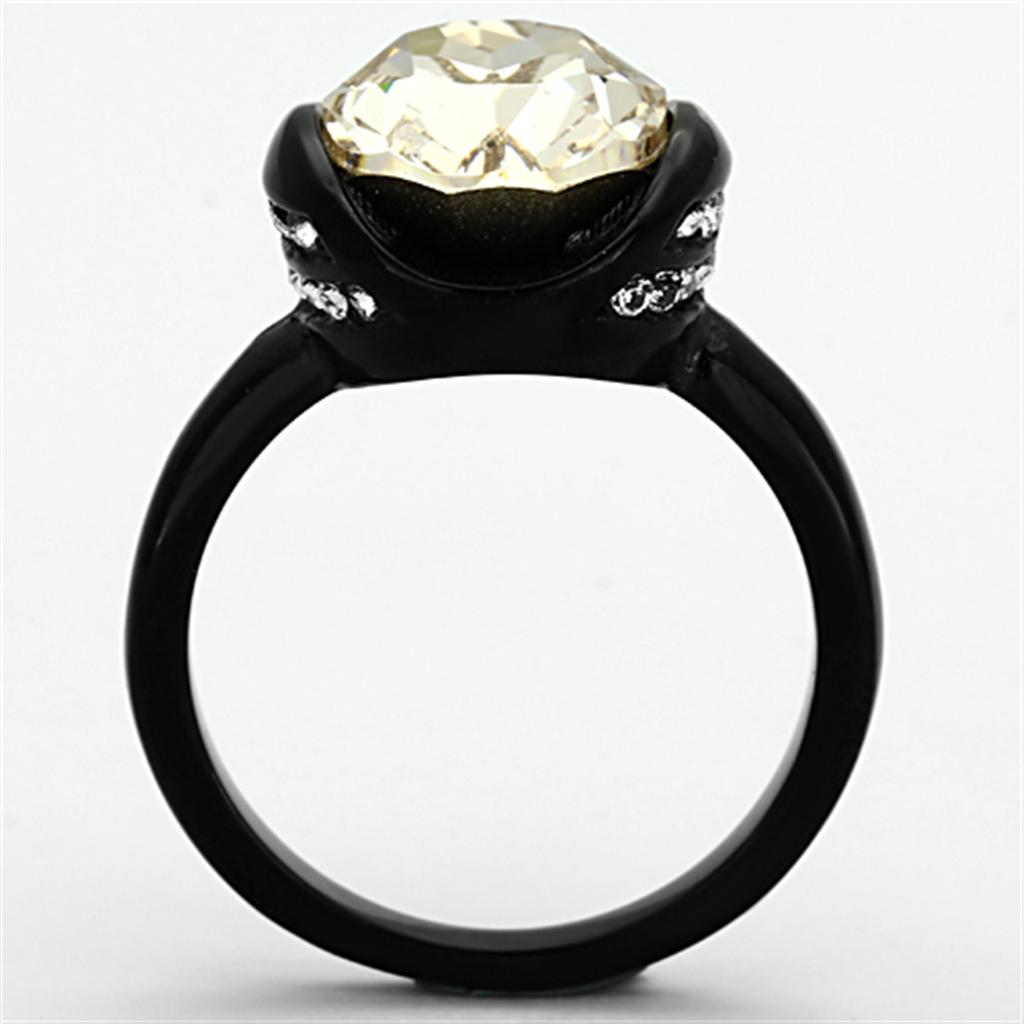 IP Black(Ion Plating) Stainless Steel Ring with Top Grade Crystal  in Light Smoked