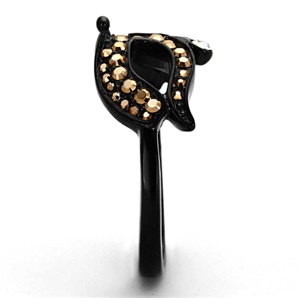 IP Black(Ion Plating) Stainless Steel Ring with Top Grade Crystal  in Metallic Light Gold