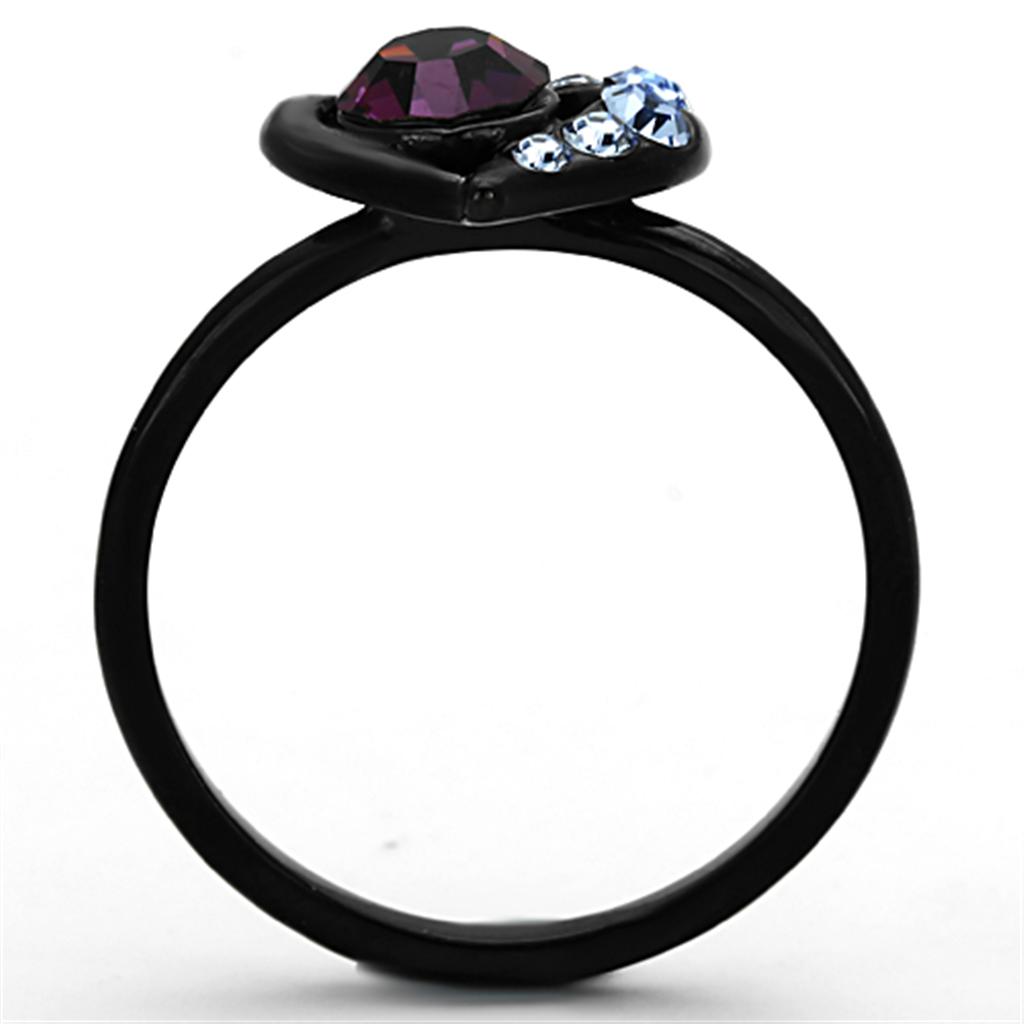 IP Black(Ion Plating) Stainless Steel Ring with Top Grade Crystal  in Amethyst