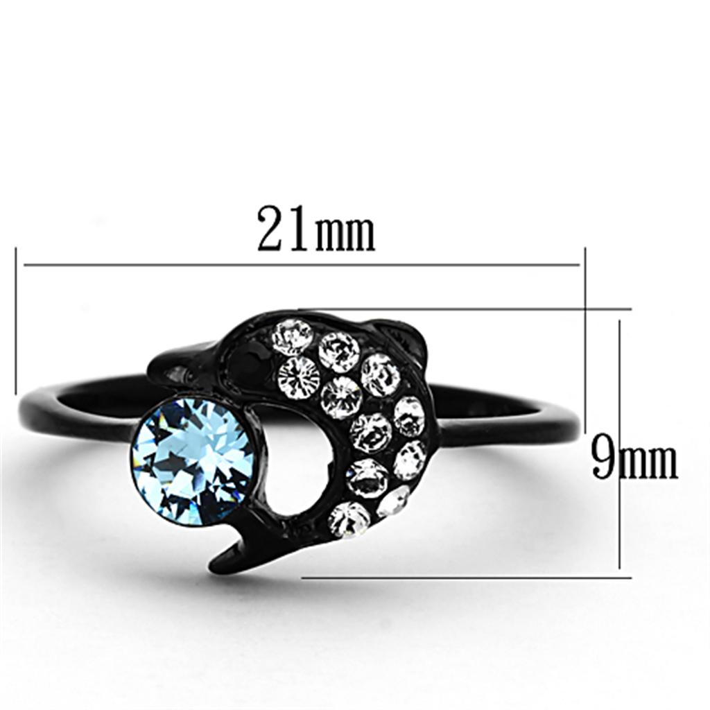 IP Black(Ion Plating) Stainless Steel Ring with Top Grade Crystal  in Sea Blue