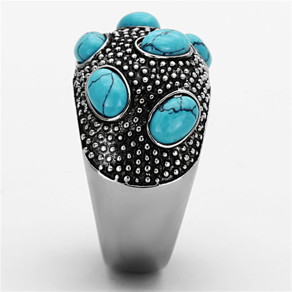 High polished (no plating) Stainless Steel Ring with Synthetic Turquoise in Sea Blue