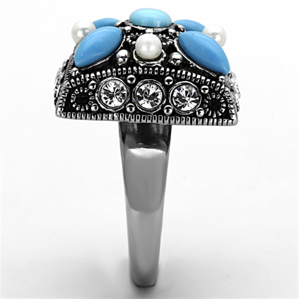 High polished (no plating) Stainless Steel Ring with Synthetic Turquoise in Sea Blue
