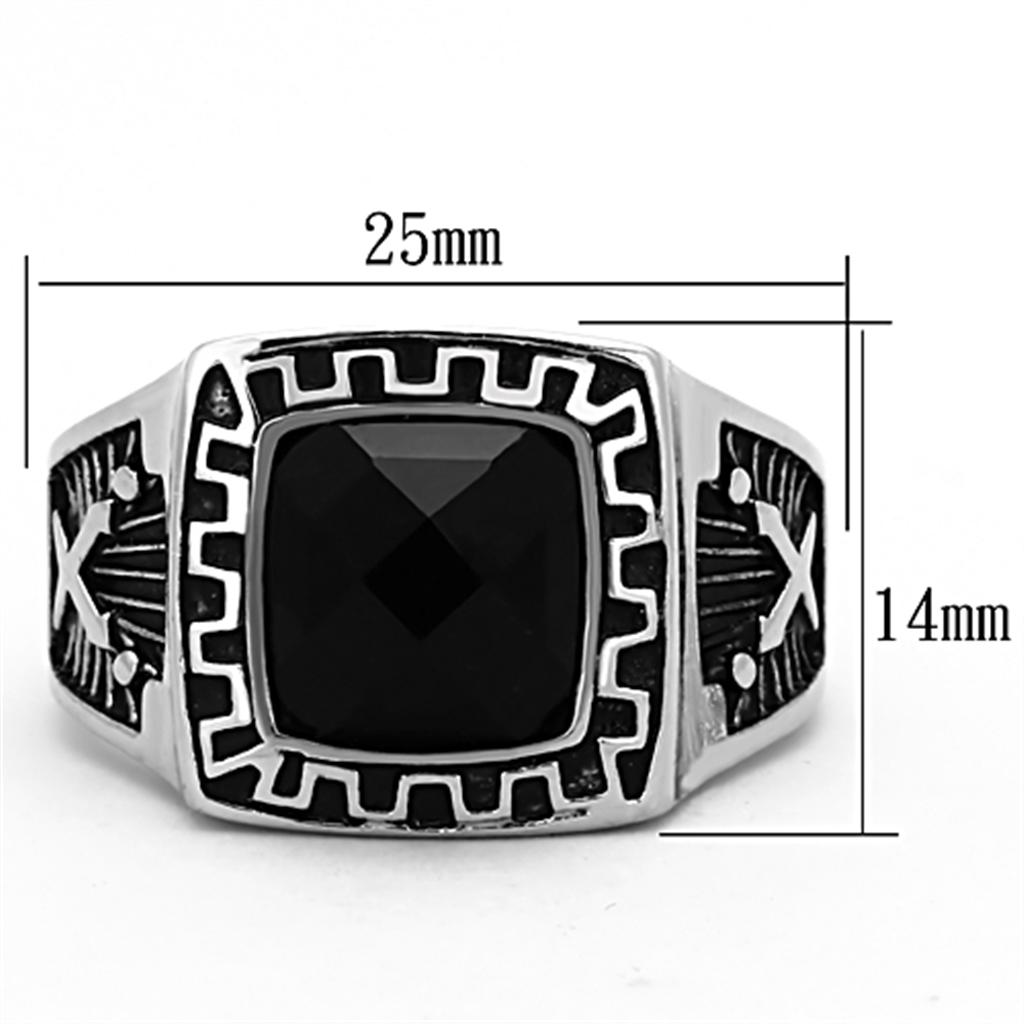 High polished (no plating) Stainless Steel Ring with Synthetic Synthetic Glass in Jet