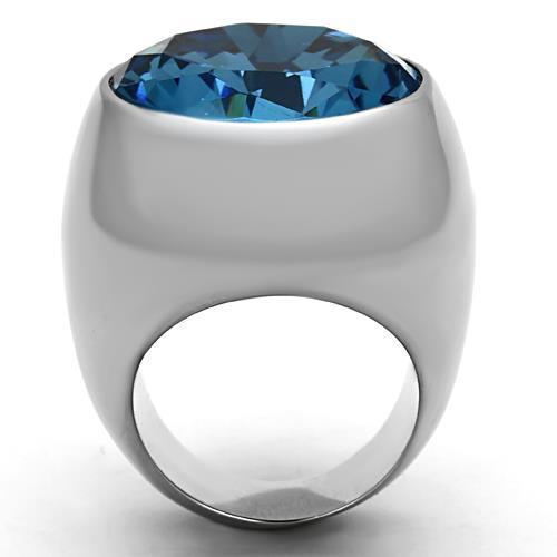 High polished (no plating) Stainless Steel Ring with Synthetic Synthetic Glass in Sea Blue