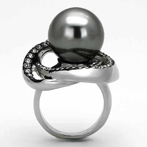 High polished (no plating) Stainless Steel Ring with Synthetic Pearl in Gray
