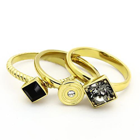 IP Gold(Ion Plating) Stainless Steel Ring with Top Grade Crystal  in Jet