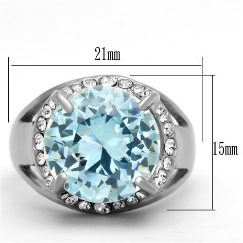 High polished (no plating) Stainless Steel Ring with AAA Grade CZ  in Sea Blue