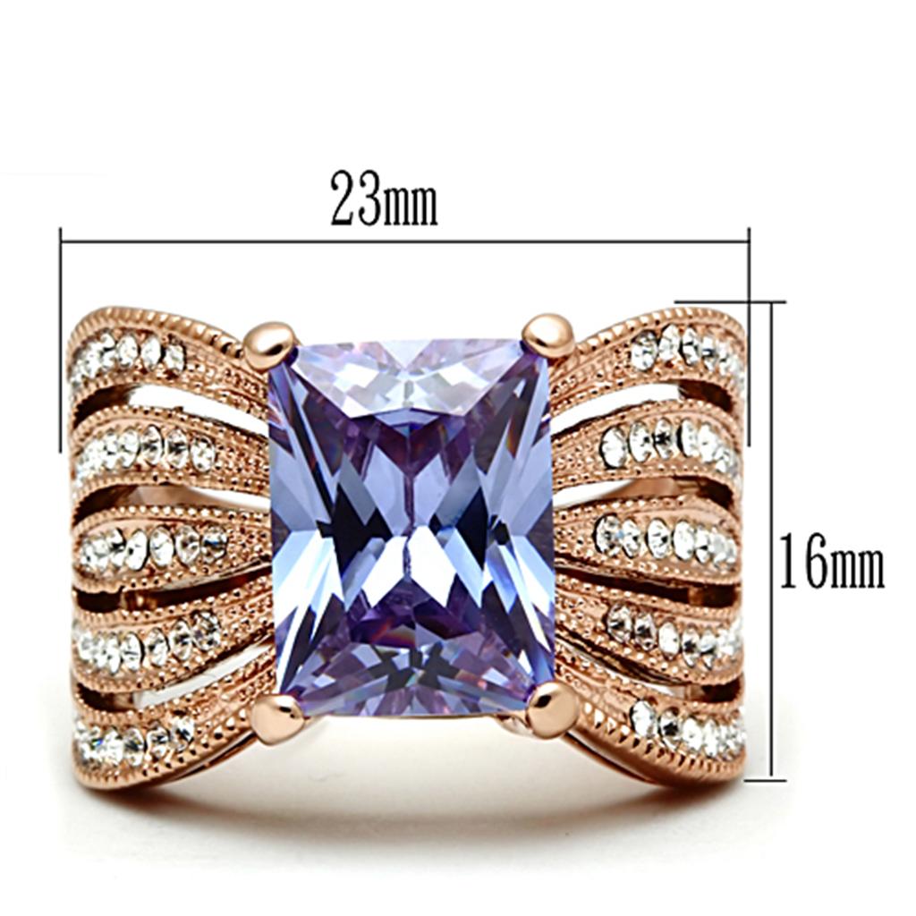 IP Rose Gold(Ion Plating) Stainless Steel Ring with AAA Grade CZ  in Light Amethyst