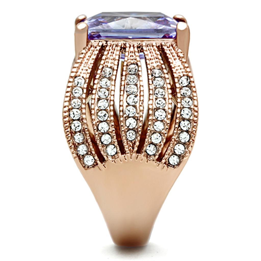 IP Rose Gold(Ion Plating) Stainless Steel Ring with AAA Grade CZ  in Light Amethyst