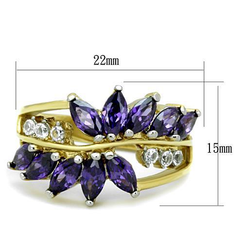 Two-Tone IP Gold (Ion Plating) Stainless Steel Ring with AAA Grade CZ  in Amethyst