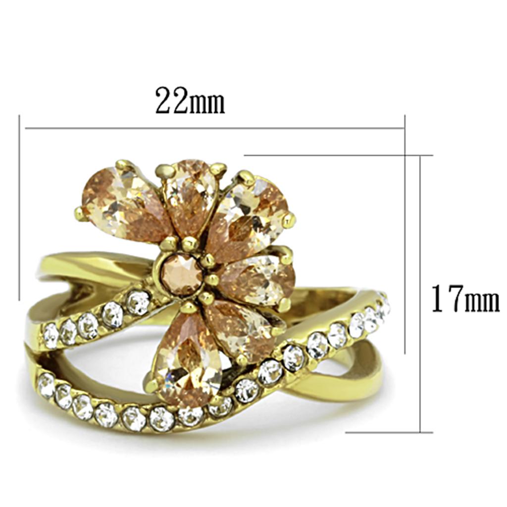 IP Gold(Ion Plating) Stainless Steel Ring with AAA Grade CZ  in Champagne