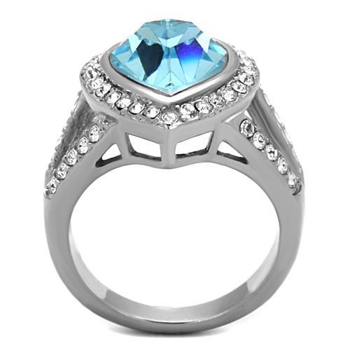High polished (no plating) Stainless Steel Ring with Top Grade Crystal  in Sea Blue