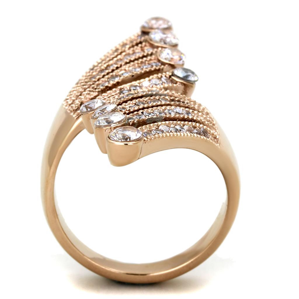 IP Rose Gold(Ion Plating) Stainless Steel Ring with AAA Grade CZ  in Clear