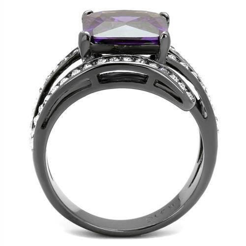 IP Light Black  (IP Gun) Stainless Steel Ring with AAA Grade CZ  in Amethyst