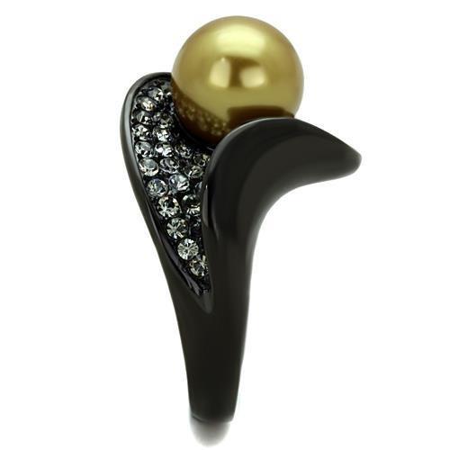 IP Black(Ion Plating) Stainless Steel Ring with Synthetic Pearl in Champagne