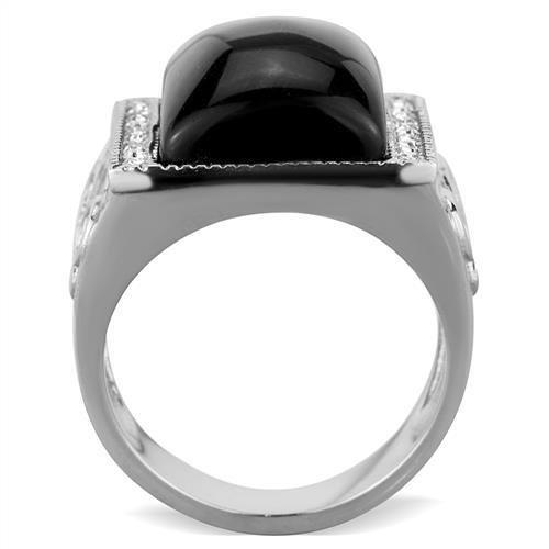 High polished (no plating) Stainless Steel Ring with Synthetic Synthetic Glass in Jet