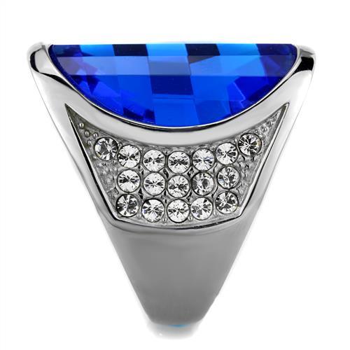 High polished (no plating) Stainless Steel Ring with Synthetic Synthetic Glass in Capri Blue