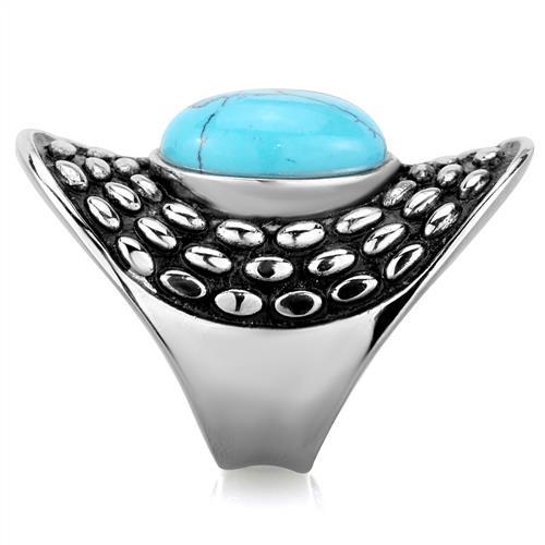High polished (no plating) Stainless Steel Ring with Synthetic Turquoise in Sea Blue