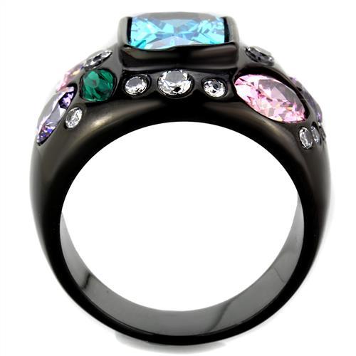 IP Black(Ion Plating) Stainless Steel Ring with AAA Grade CZ  in Sea Blue