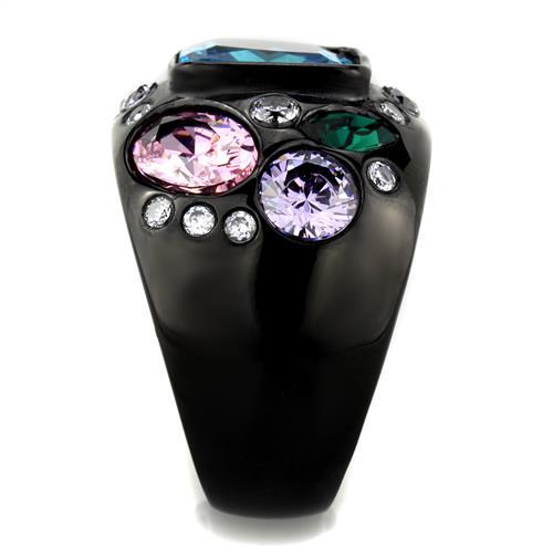 IP Black(Ion Plating) Stainless Steel Ring with AAA Grade CZ  in Sea Blue