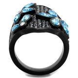 IP Black(Ion Plating) Stainless Steel Ring with Top Grade Crystal  in Sea Blue