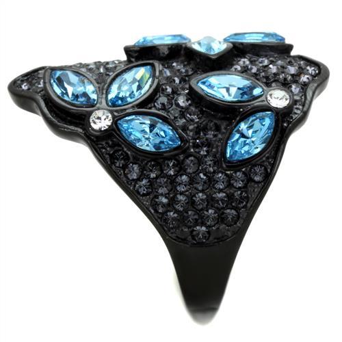 IP Black(Ion Plating) Stainless Steel Ring with Top Grade Crystal  in Sea Blue
