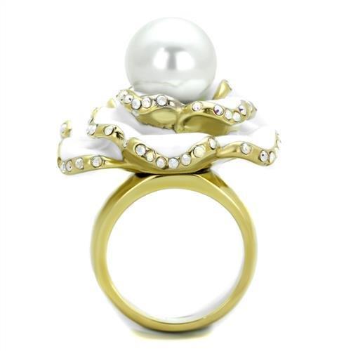 IP Gold(Ion Plating) Stainless Steel Ring with Synthetic Pearl in White