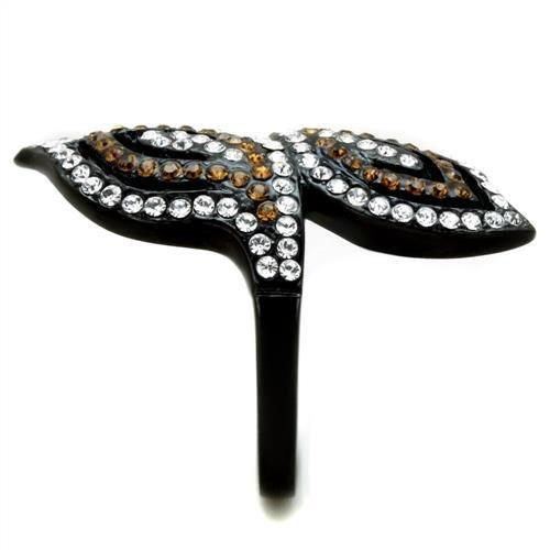 IP Black(Ion Plating) Stainless Steel Ring with Top Grade Crystal  in Smoked Quartz