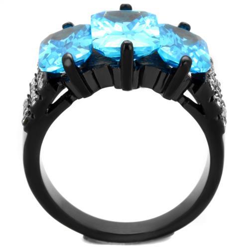 IP Black(Ion Plating) Stainless Steel Ring with AAA Grade CZ  in Sea Blue