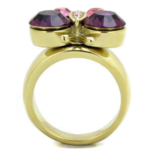 IP Gold(Ion Plating) Stainless Steel Ring with Top Grade Crystal  in Amethyst